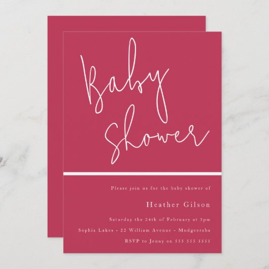 マゼンタピンクトレンディーモダンベビーシャワー 招待状 (正面/裏面)