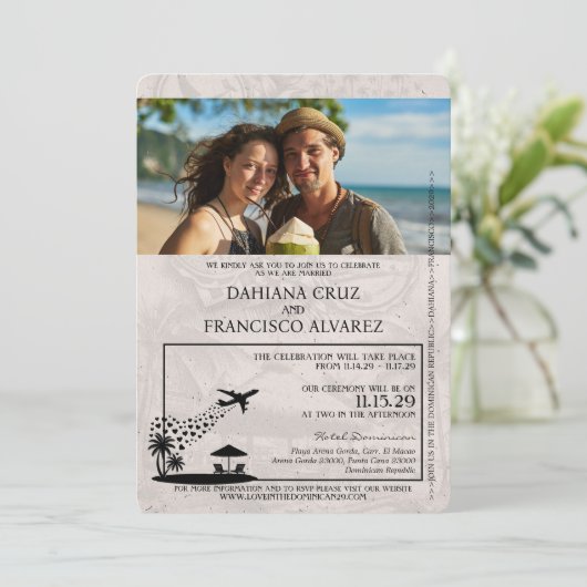 マゼンタピンクドミニカ共和国パスポ結婚ート 招待状 (スタンド正面)