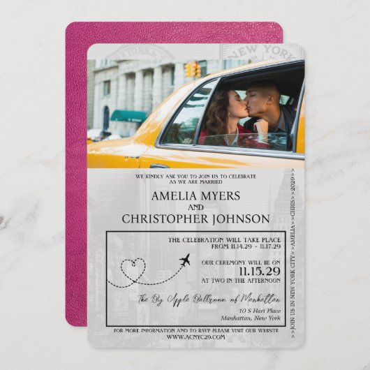 マゼンタピンクニューヨーク市パスポ結婚ート 招待状 (正面/裏面)