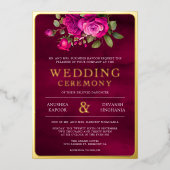 マゼンタピンクフローラフォト結婚インディアンの金ゴールド 箔招待状 (正面)
