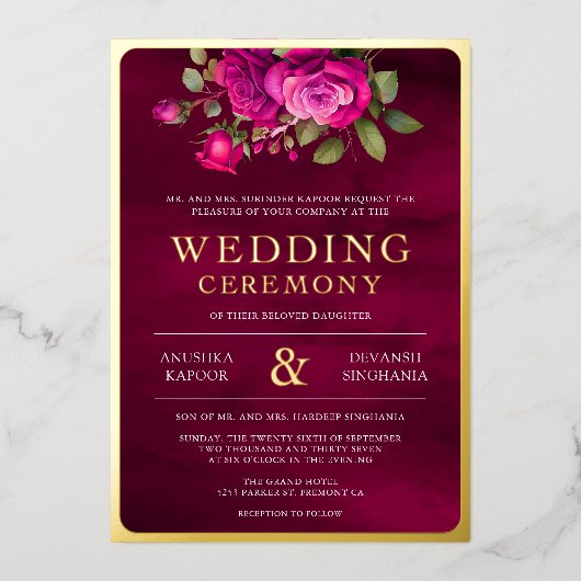 マゼンタピンクフローラフォト結婚インディアンの金ゴールド 箔招待状 (正面)