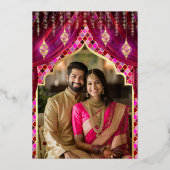 マゼンタピンクフローラフォト結婚インディアンの金ゴールド 箔招待状 (裏面)