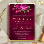 マゼンタピンクフローラフォト結婚インディアンの金ゴールド 箔招待状