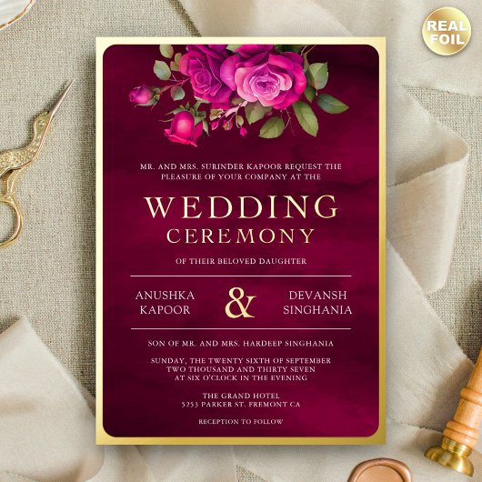 マゼンタピンクフローラフォト結婚インディアンの金ゴールド 箔招待状