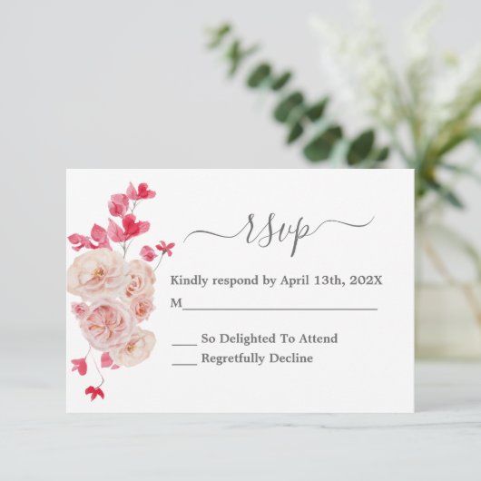 マゼンタピンクフローラRSVP結婚のカード 出欠カード (スタンド正面)