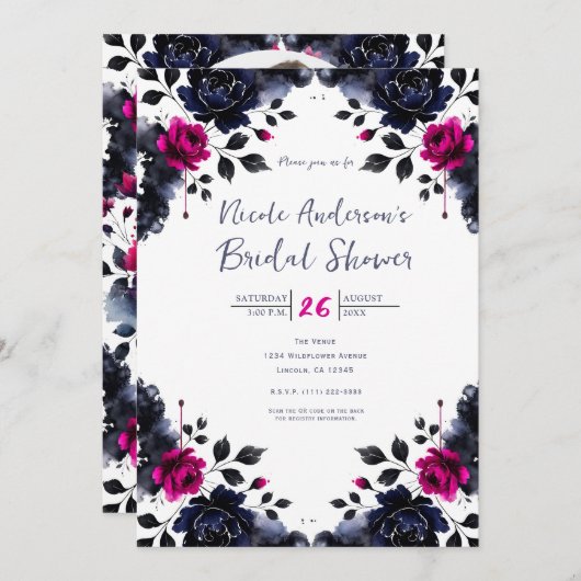 マゼンタピンクブルーインクフローラ水彩ブライダル 招待状 (正面/裏面)