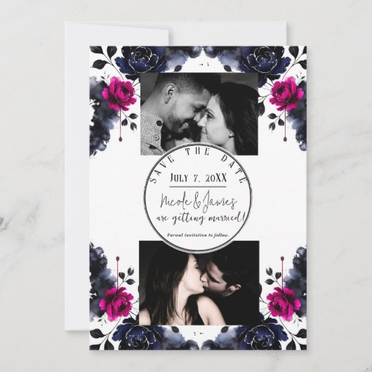 マゼンタピンクブルーインクフローラ水彩日救付 招待状 (正面)