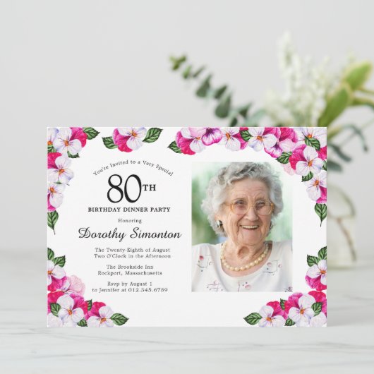 マゼンタピンクホワイトフォト80th誕生日ディナー 招待状 (スタンド正面)
