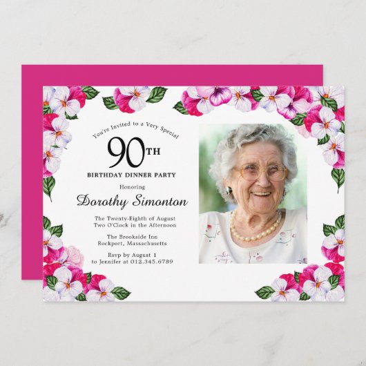 マゼンタピンクホワイト写真90th誕生日ディナー 招待状 (正面/裏面)