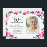 マゼンタピンクホワイト写真90th誕生日ディナー 招待状<br><div class="desc">90歳エレガントの誕生日ディナーのパーティー詳細と写真を囲む水色のパンジーのフレーム。明るくカラフルマゼンダ、ピンクと白のフローラは、春や夏の誕生祝いに最適である。すべての文字は編集可能なので、正しいビューを作成できる。招待状の裏はマゼンタ鮮やかだ。この招待はピンクパンシーのコレクションの一部である。招待状・パッケージを作成ユニークし、パーティー・サプライを調整するテンプレート。</div>