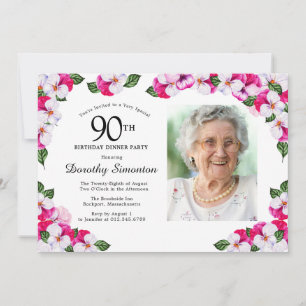 マゼンタピンクホワイト写真90th誕生日ディナー 招待状