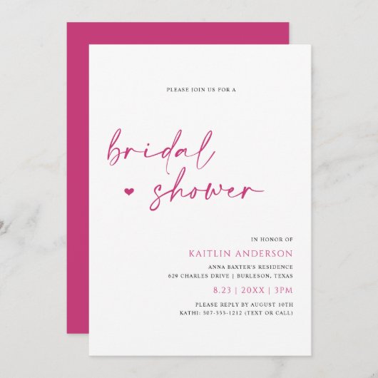 マゼンタピンクモダンの手書きブライダルシャワー 招待状 (正面/裏面)