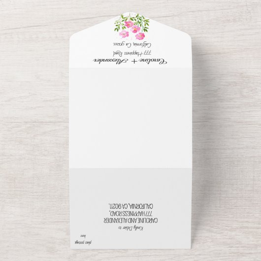 マゼンタピンクモダン明るい赤紫色はっきりしたエレガントフローラ オールインワン招待状 (外側)