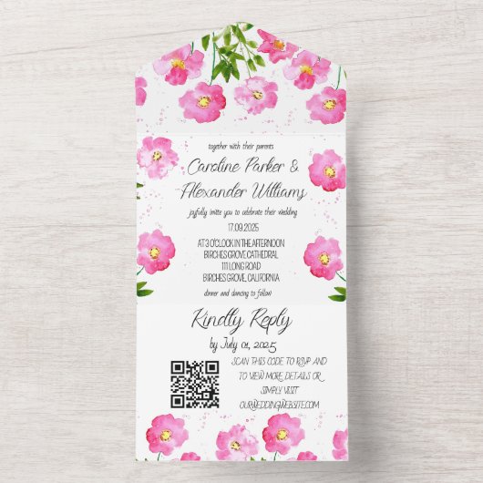 マゼンタピンクモダン明るい赤紫色はっきりしたエレガントフローラ オールインワン招待状 (内側)