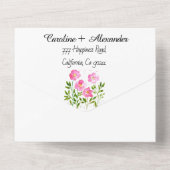 マゼンタピンクモダン明るい赤紫色はっきりしたエレガントフローラ オールインワン招待状 (裏面)