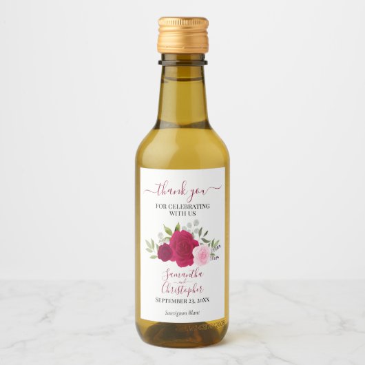 マゼンタピンクローズエレガントな結婚式ありがとうミニ ワインラベル (正面)