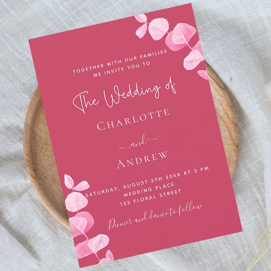 マゼンタピンク結婚ユーカリ インビテーションポストカード