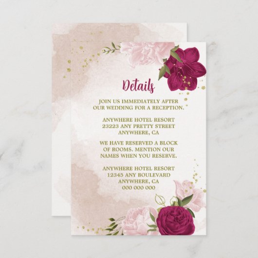 マゼンタピンク色の花は離れ緑 エンクロージャーカード (正面/裏面)