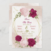 マゼンタピンク色の花は離れ緑 セーブザデート (正面/裏面)