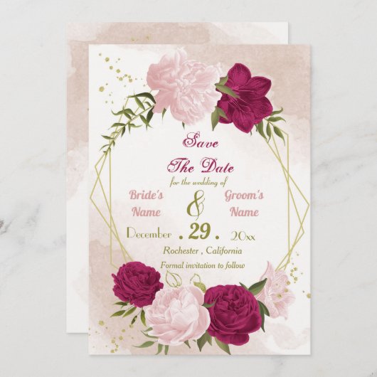 マゼンタピンク色の花は離れ緑 セーブザデート (正面/裏面)