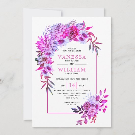 マゼンタピンク色の花を持つアーチ結婚フローラ 招待状 (正面)