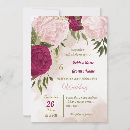 マゼンタピンク葉の花は結婚緑 招待状 (正面)