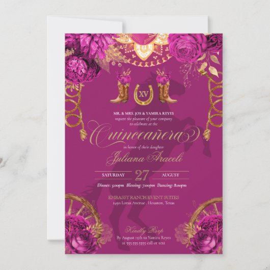 マゼンタピンク金ゴールドバラエレガントシャロキンセアニェラ 招待状 (正面)