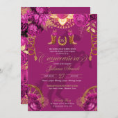 マゼンタピンク金ゴールドバラエレガントシャロキンセアニェラ 招待状 (正面/裏面)