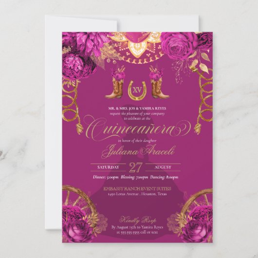 マゼンタピンク金ゴールドバラシャルロウェスタンキンセアニェラ 招待状 (正面)