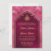 マゼンタピンク金ゴールドモロッコアーチムスリム結婚ズ 招待状 (正面)