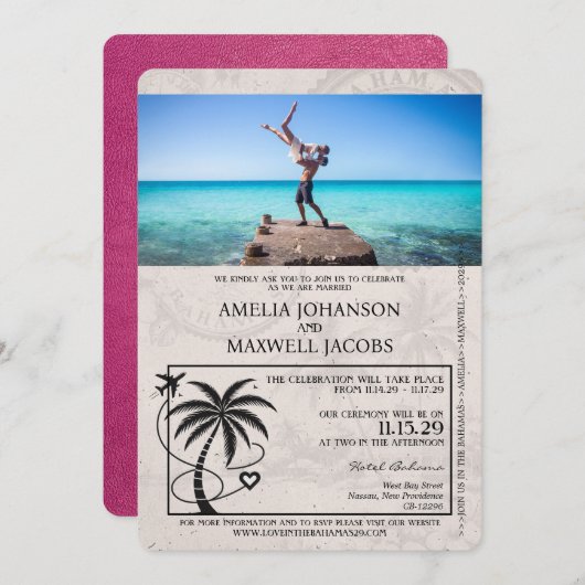 マゼンタピンク バハマパスポート 結婚式招待状 招待状 (正面/裏面)