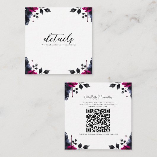 マゼンタピンク&ブルーインクフローラ水彩詳細 スクエア名刺 (正面/裏面)