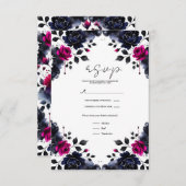 マゼンタピンク&ブルーインクフローラ水彩RSVP 出欠カード (正面/裏面)