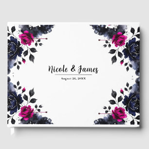 マゼンタピンク & ブルー  インキ フローラル ウォーターカラー ウェディング ゲストブック