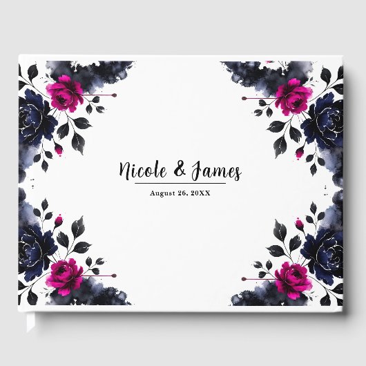 マゼンタピンク & ブルー  インキ フローラル ウォーターカラー ウェディング ゲストブック (正面)