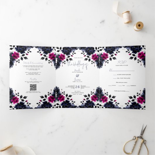マゼンタピンク & ブルー  インキ フローラル ウォーターカラー ウェディング 三つ折り招待状 (内部)