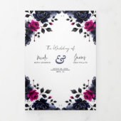マゼンタピンク & ブルー  インキ フローラル ウォーターカラー ウェディング 三つ折り招待状 (カバー)