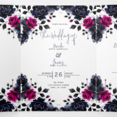 マゼンタピンク & ブルー  インキ フローラル ウォーターカラー ウェディング 三つ折り招待状 (内部中)
