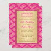 マゼンタピンク、金ゴールドダマスク16誕生日招待状 招待状 (正面/裏面)
