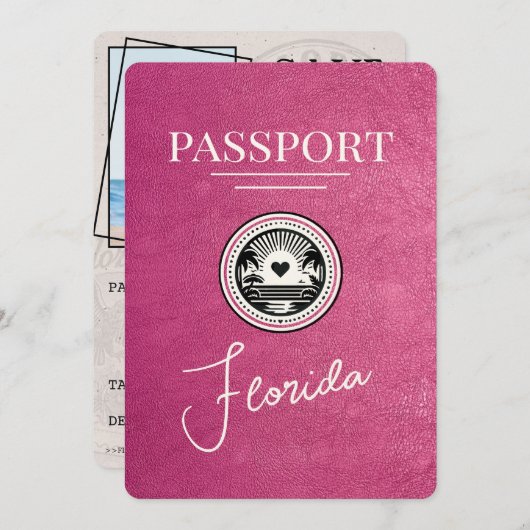 マゼンタピンクFlorida Passport日付の保存 セーブザデート (正面/裏面)