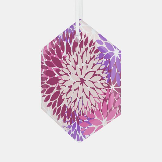 マゼンタピーチブルゴーニュと紫の様式化ダリア ガラスオーナメント (正面左)