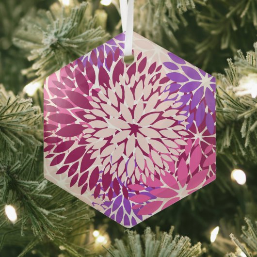 マゼンタピーチブルゴーニュと紫の様式化ダリア ガラスオーナメント (インサイチュ)