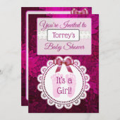 マゼンタフットプリントガールズベビーシャワー招待状 招待状 (正面/裏面)
