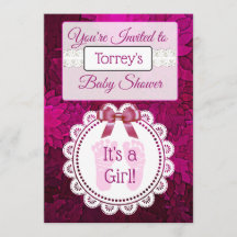 マゼンタフットプリントガールズベビーシャワー招待状