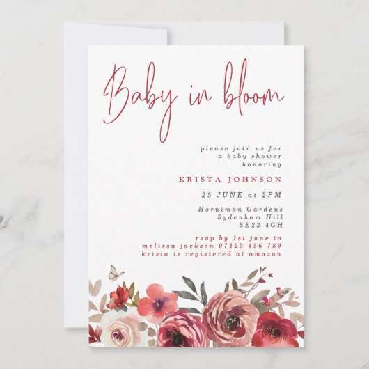 マゼンタフラワーズベビーイン開花ベビーシャワー 招待状 (正面)
