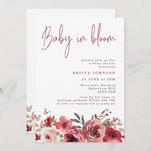 マゼンタフラワーズベビーイン開花ベビーシャワー 招待状 (正面/裏面)