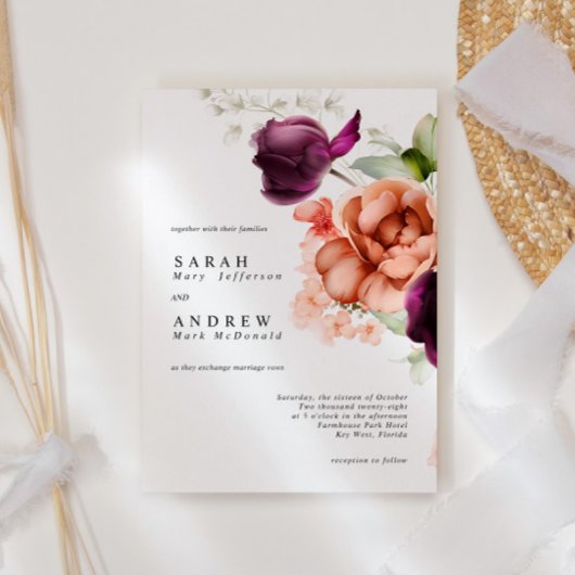 マゼンタフラワーズモダンミニマル結婚式招待状 招待状