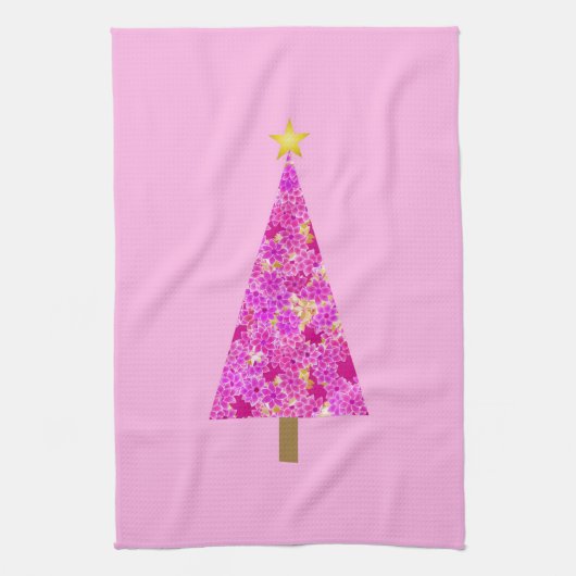 マゼンタフローラモダンクリスマスツリー キッチンタオル (縦)