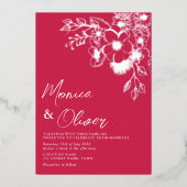 マゼンタフローラ銀箔ウェディング招待 箔招待状 (正面)