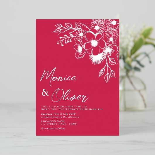 マゼンタフローラ銀箔ウェディング招待 箔招待状 (立ち正面)